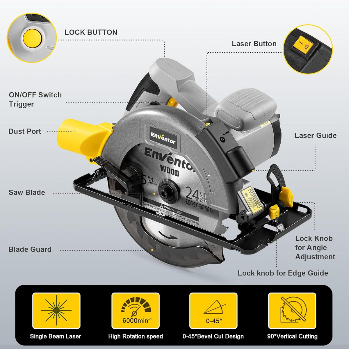 Circular Saw 1400W 185mm 6000RPM Laser Guide 24T Blade Electric Enventor Wood