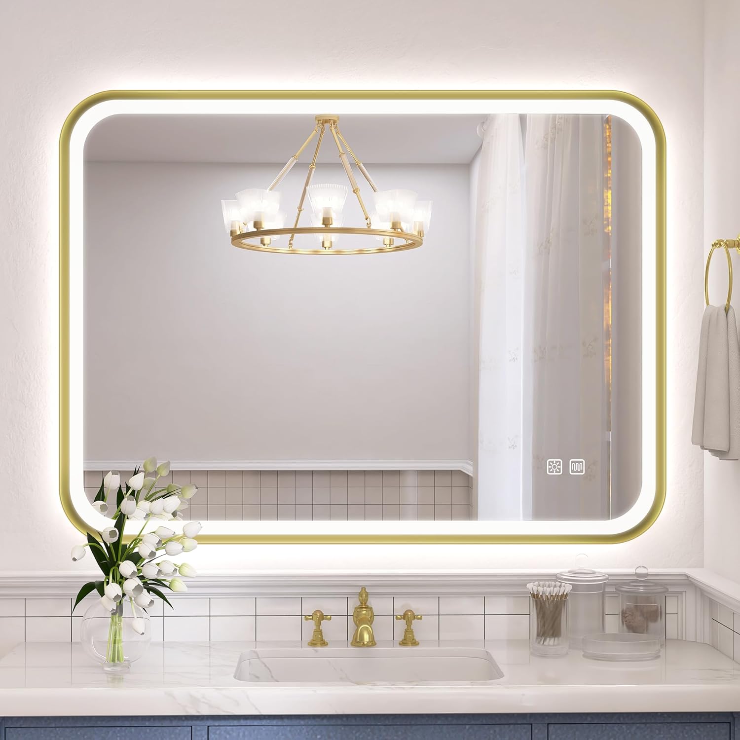 Bathroom vanity with a large mirror, light fixture, and decorative elements.