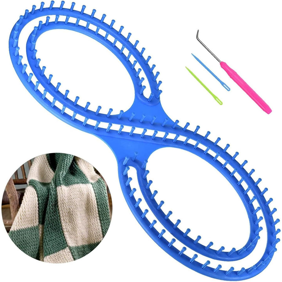 Blue knitting loom with additional tools and a knitted fabric sample on a white background