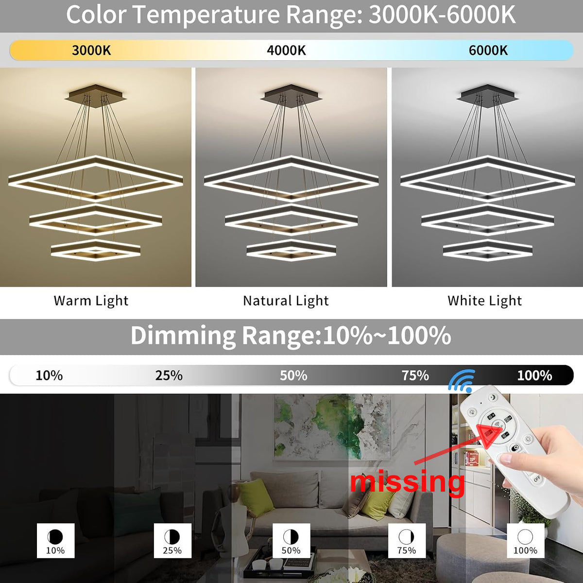 LED Pendant Light 3 Tier Square Black Dimmable Adjustable Chandelier Modern