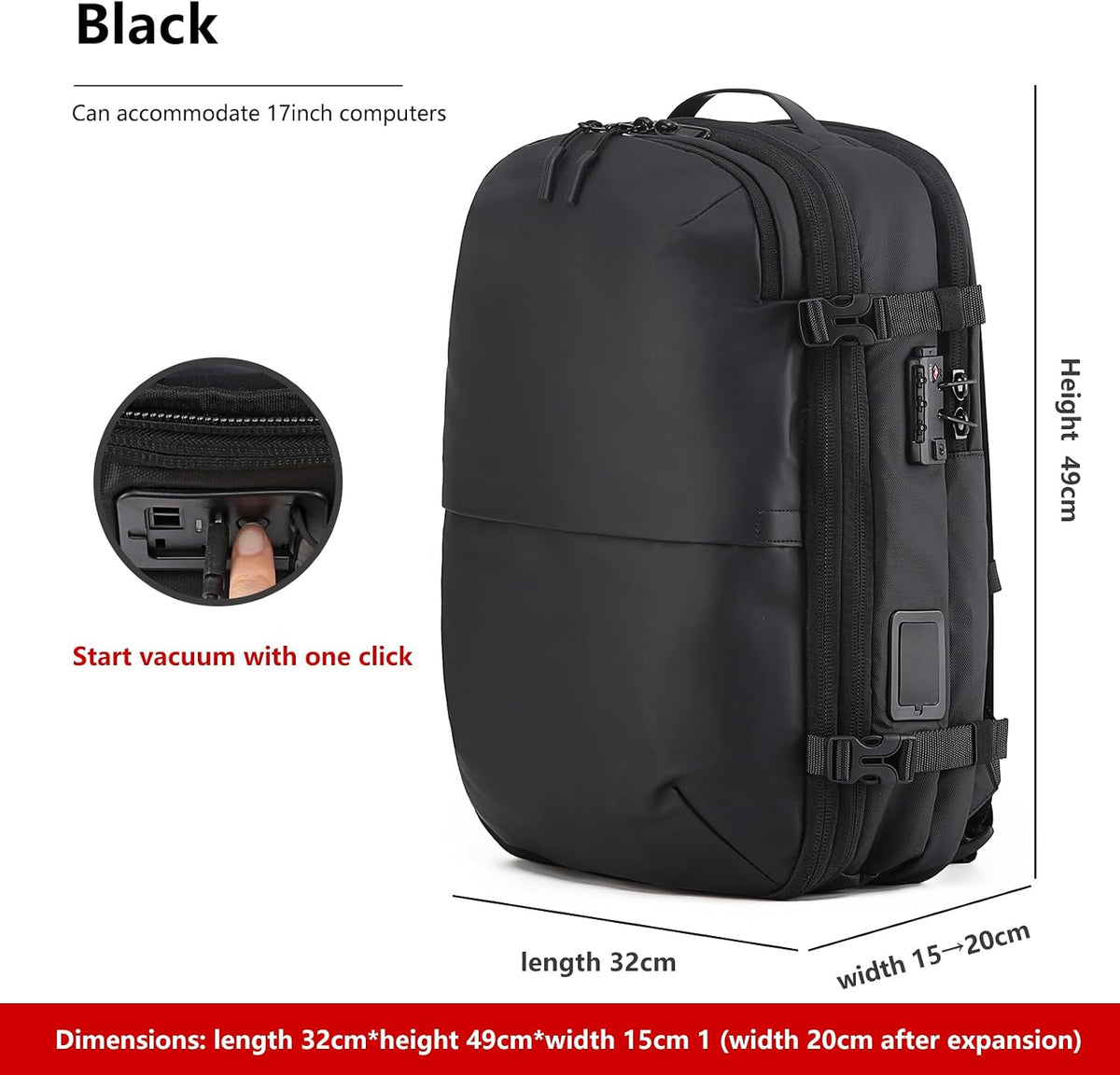 Travel Backpack Vacuum Compression Expandable 5in Water Resistant Laptop LIGHTGO
