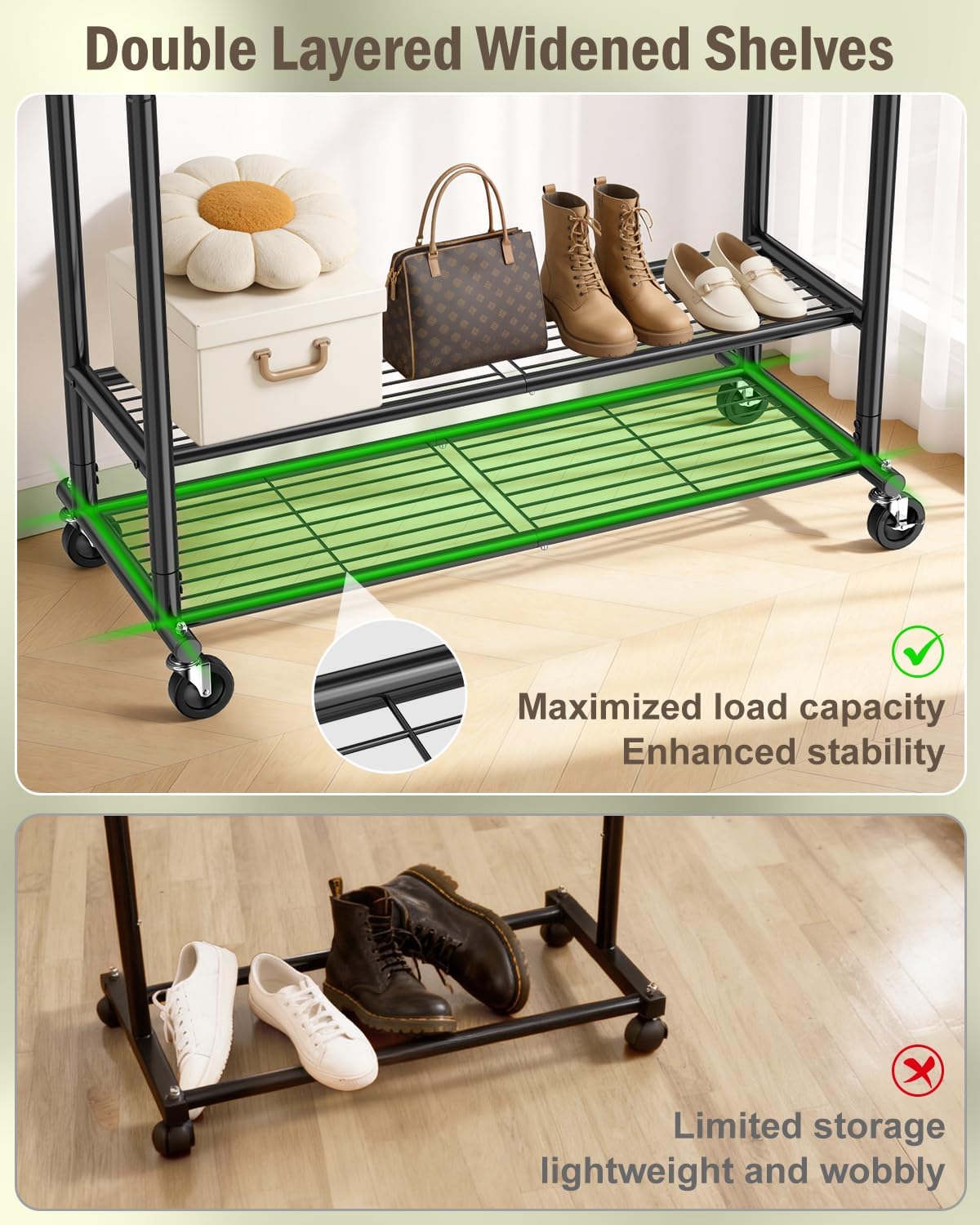 Heavy Duty Clothes Rail 378kg Double Rod Wheels Shelves Hooks Black EAGMAK Rack