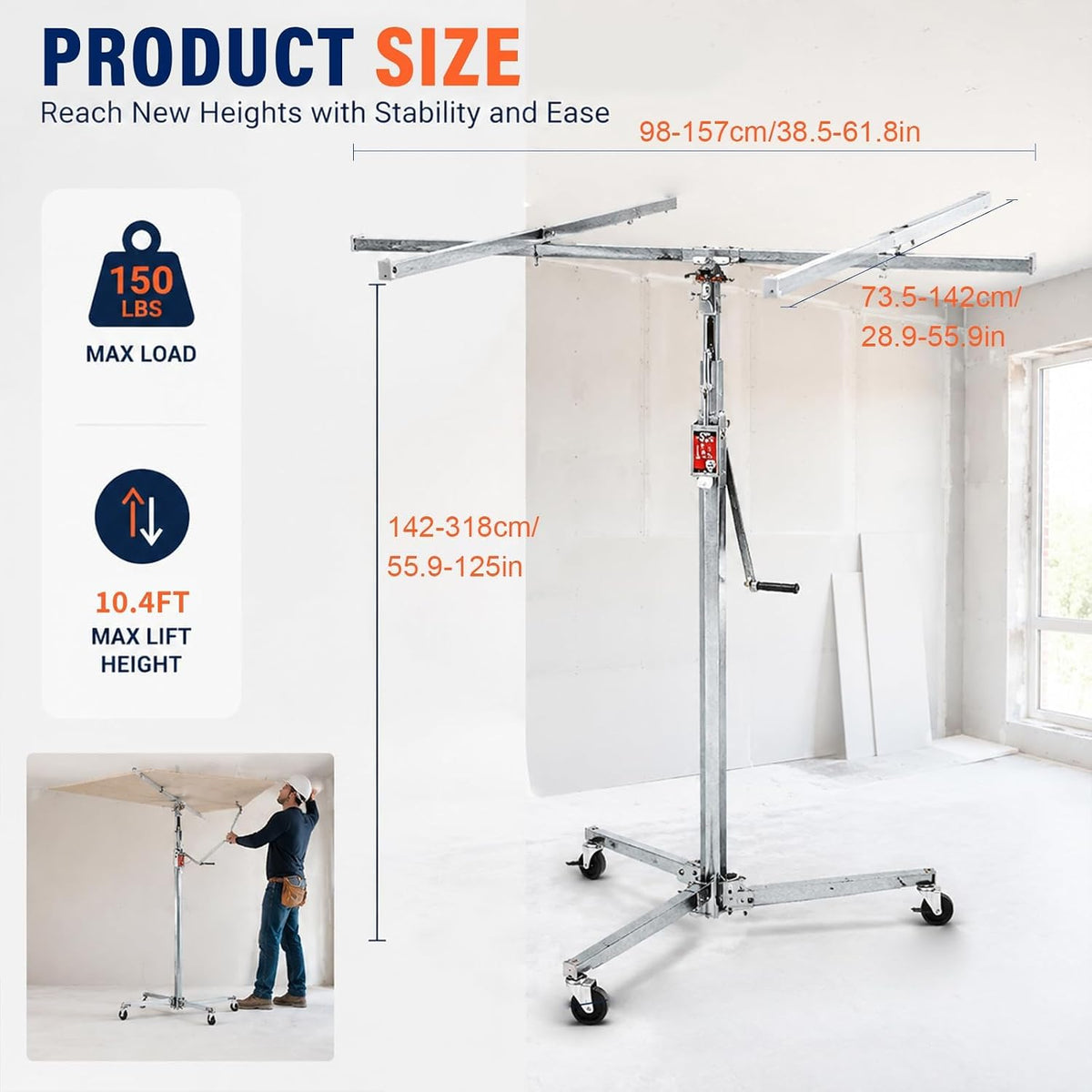 Plasterboard Lifter 10.4FT Drywall Panel Hoist Rolling Lift Tool Ceiling Mount