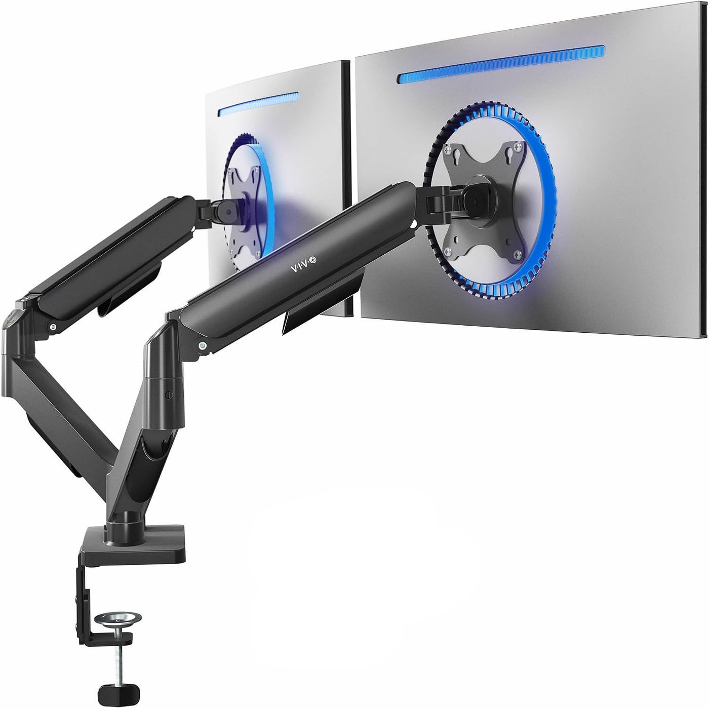 Black dual monitor arm with a clamping base, shown mounted against a silver wall with two monitors attached. The arm has a small white 'VIV+' logo on the arm barrel.