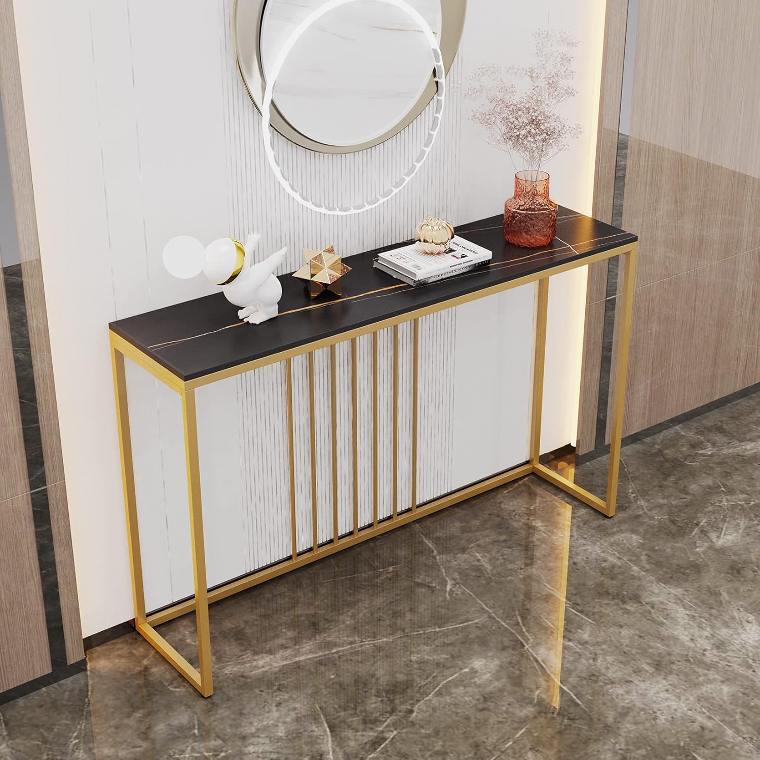 Slim Console Table 120cm, Black Marble Top with Gold Frame for Hallway, Entryway