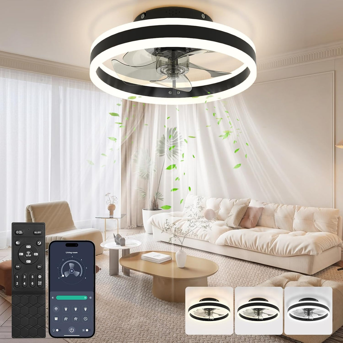 Ceiling Fan with Light 40cm Black Dimmable Remote 6 Speed Reversible Nalezuns