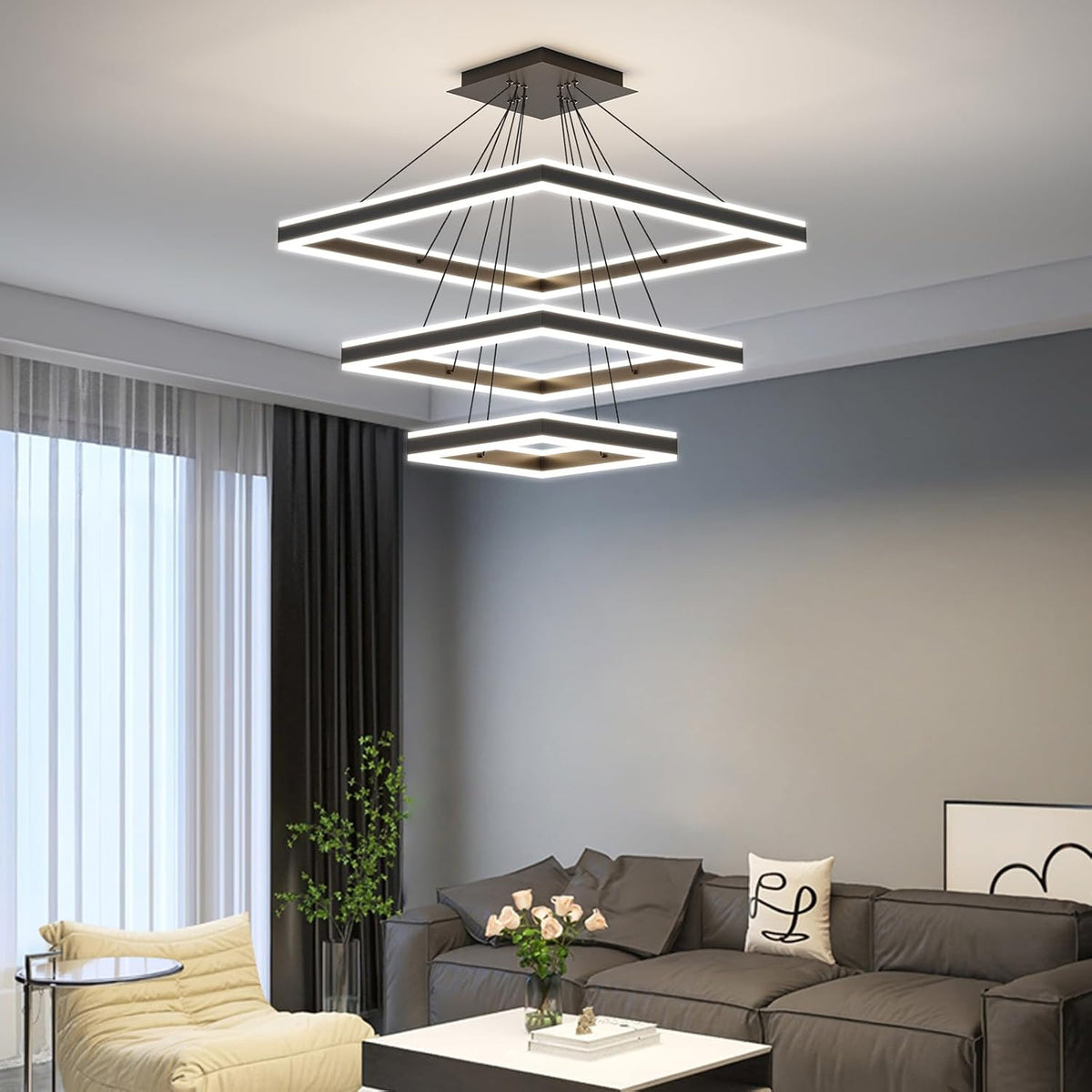 LED Pendant Light 3 Tier Square Black Dimmable Adjustable Chandelier Modern