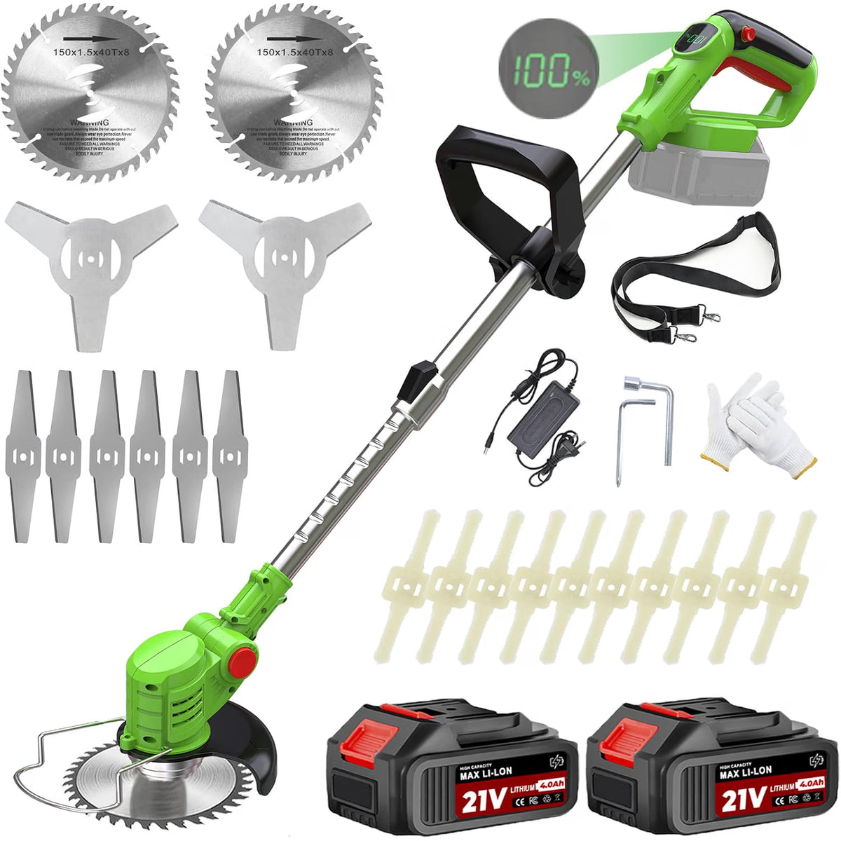Cordless Strimmer 21V Grass Trimmer 2x2.0Ah Batteries Garden Edge Cutter Mower Kit