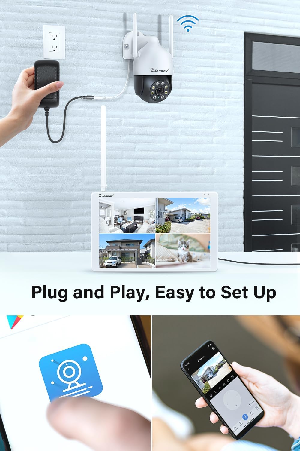 Wireless CCTV Camera System 5MP PTZ 10CH NVR 10 Inch Monitor Security Jennov