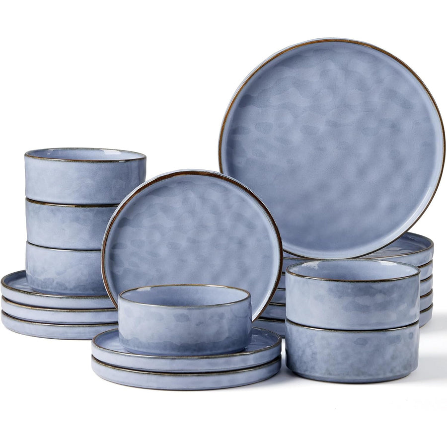 Stoneware Dinner Set 18 Piece Dinnerware Plates Bowls for 6 Gray Blue Herogo