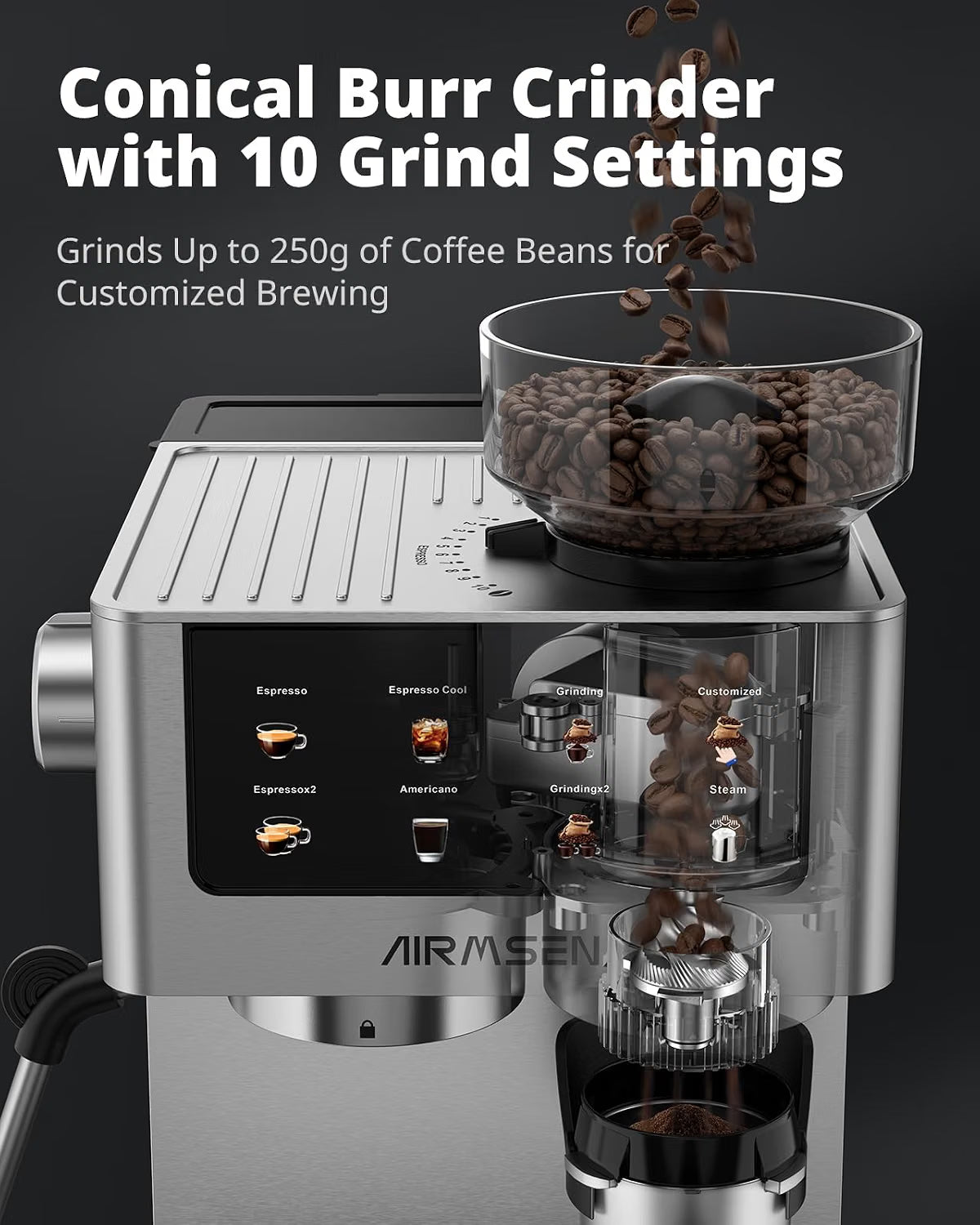 Bean to Cup Coffee Machine 20 Bar Automatic Espresso Maker AIRMSEN Home Barista