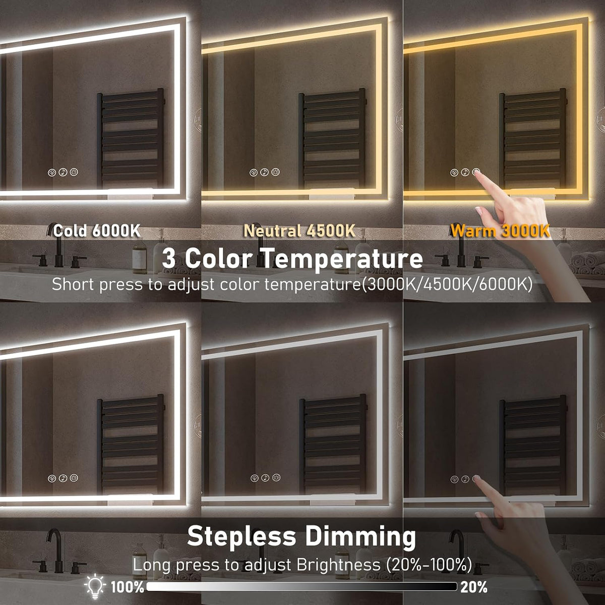 LED Bathroom Mirror 100x70cm Bluetooth Anti Fog Dimmable Frontlit Ratsamee