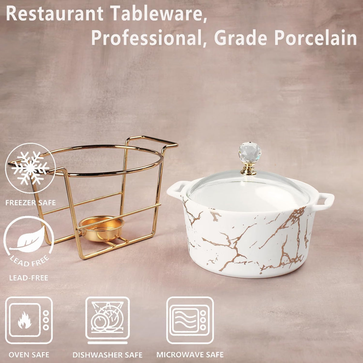 Porcelain Serving Tureen 2500ml Casserole Dish Glass Lid Rack Buffet Chafing Set