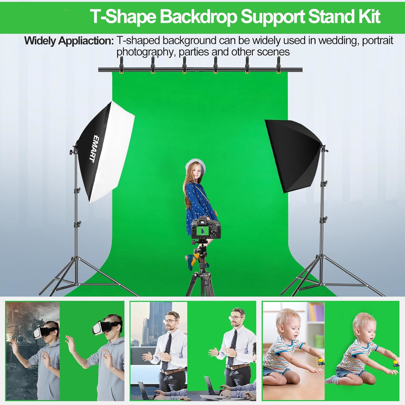 EMART Green Screen Kit with T-shape Stand, 1.5x2m, Sandbag, Clamp for Streaming