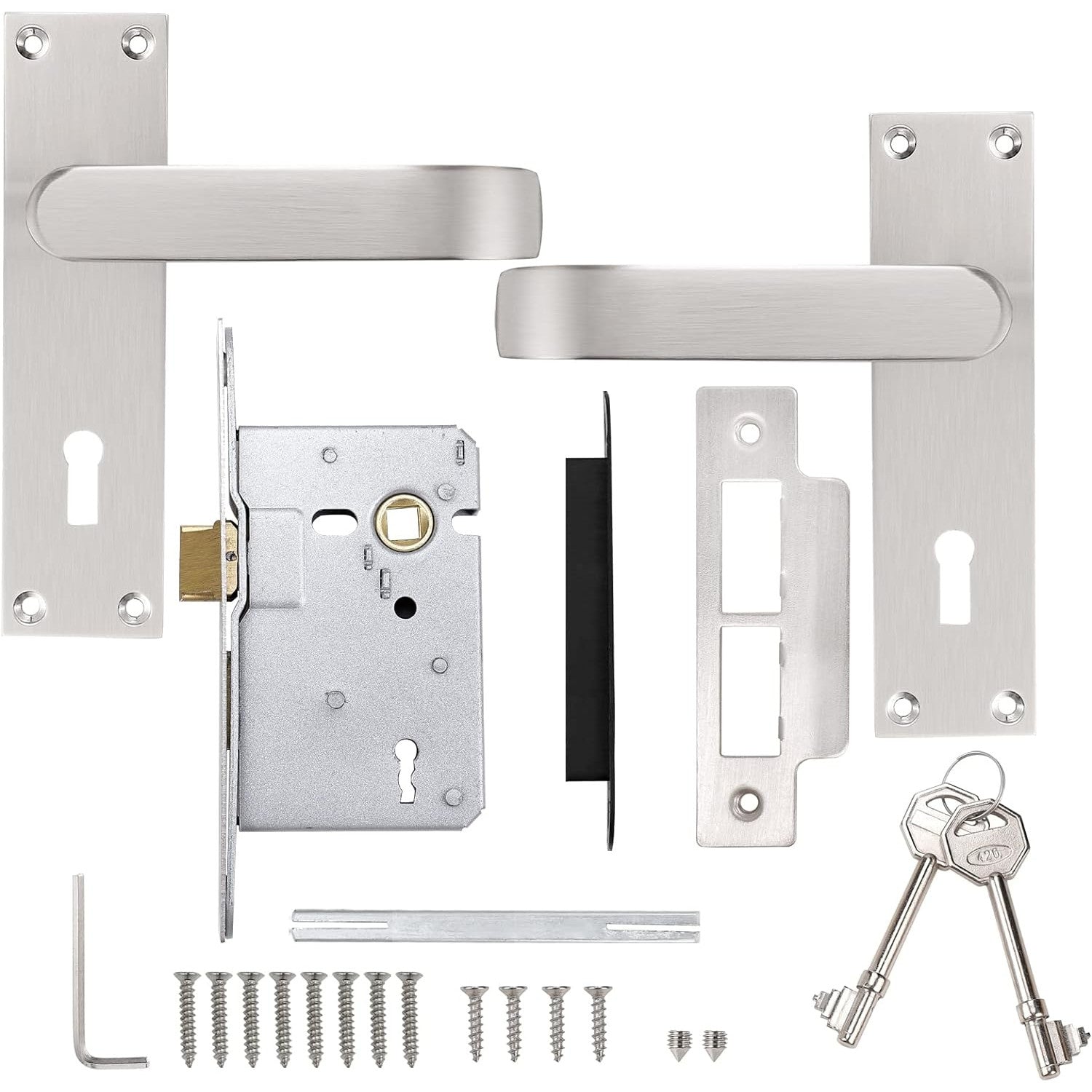 Probrico Brushed Nickel Door Handle Set with Lock and Key, 1 Pack