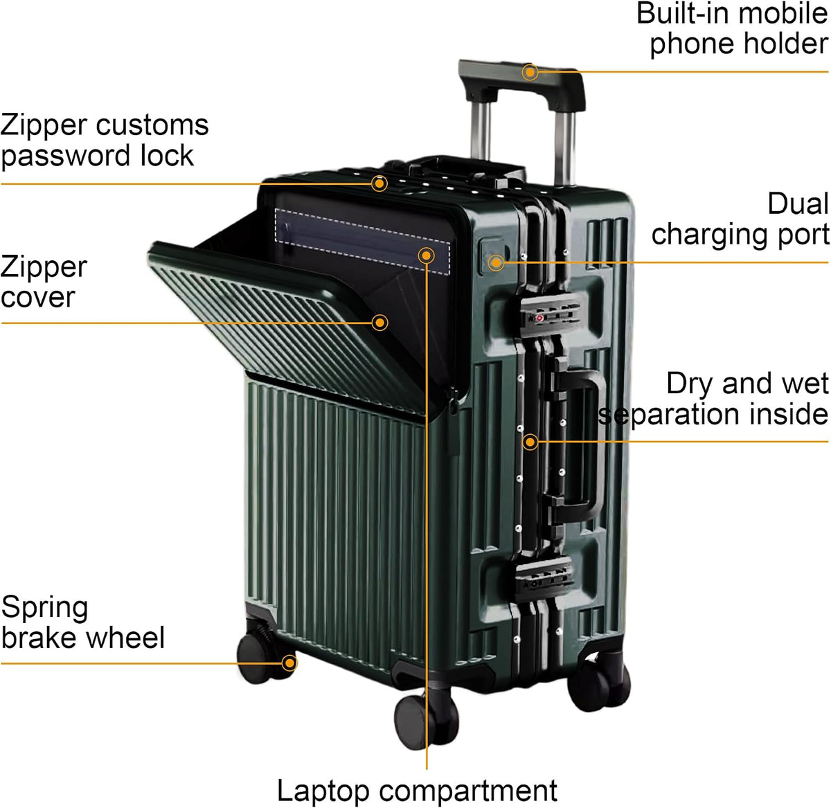 20 Inch Carry On Suitcase TSA Lock Hard Shell Aluminium Frame Green Cabin Luggage
