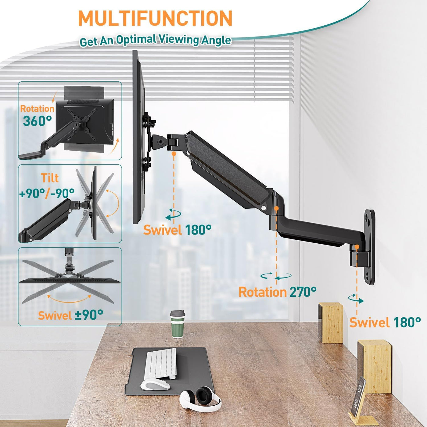 Monitor Arm Wall Mount 35 Inch Gas Spring Heavy Duty VESA 75 100 200 ELIVED