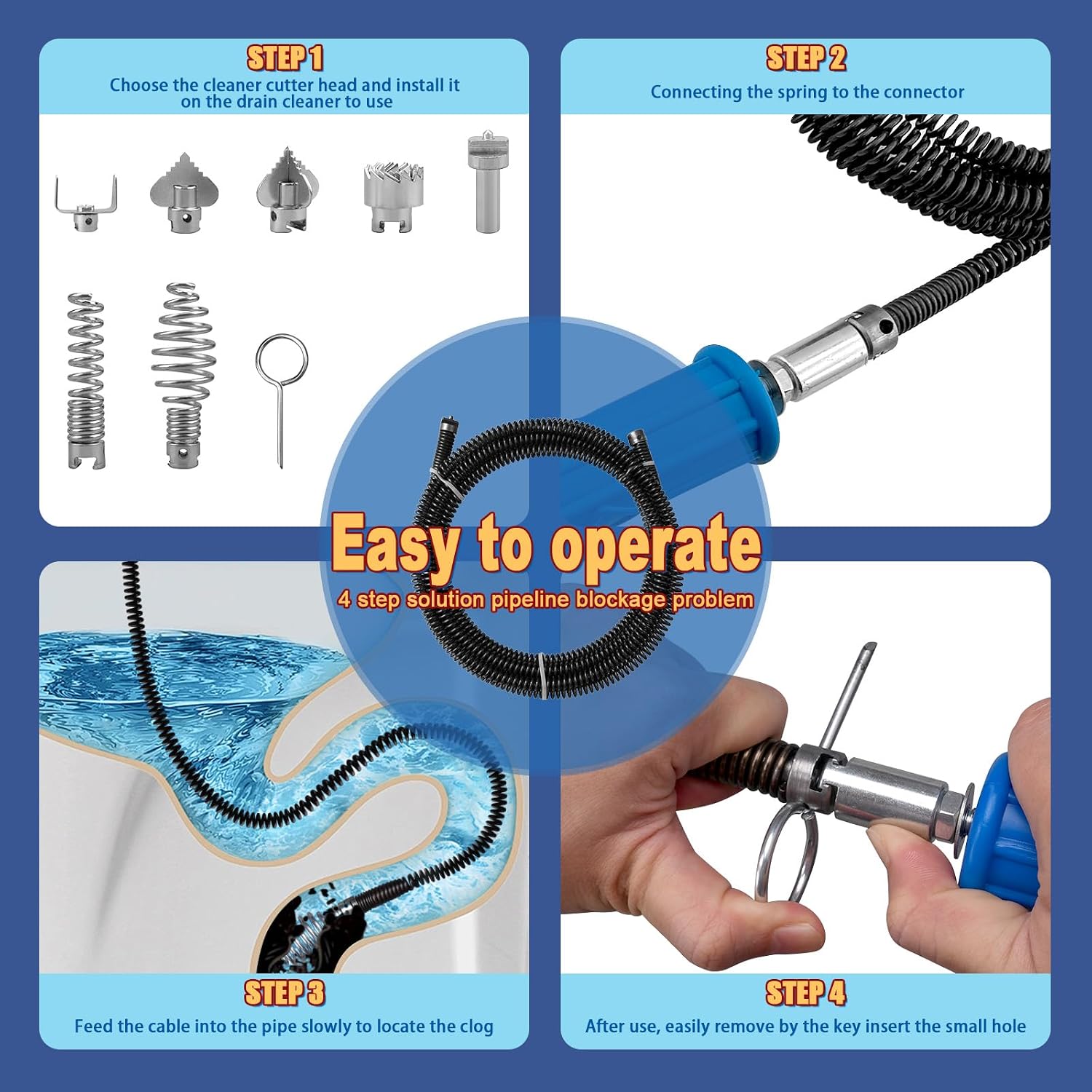 Pipe Cleaning Spiral 16.4ft 0.47in Drain Cleaner Cable 8 Cutter Heads 2 Sets Kit