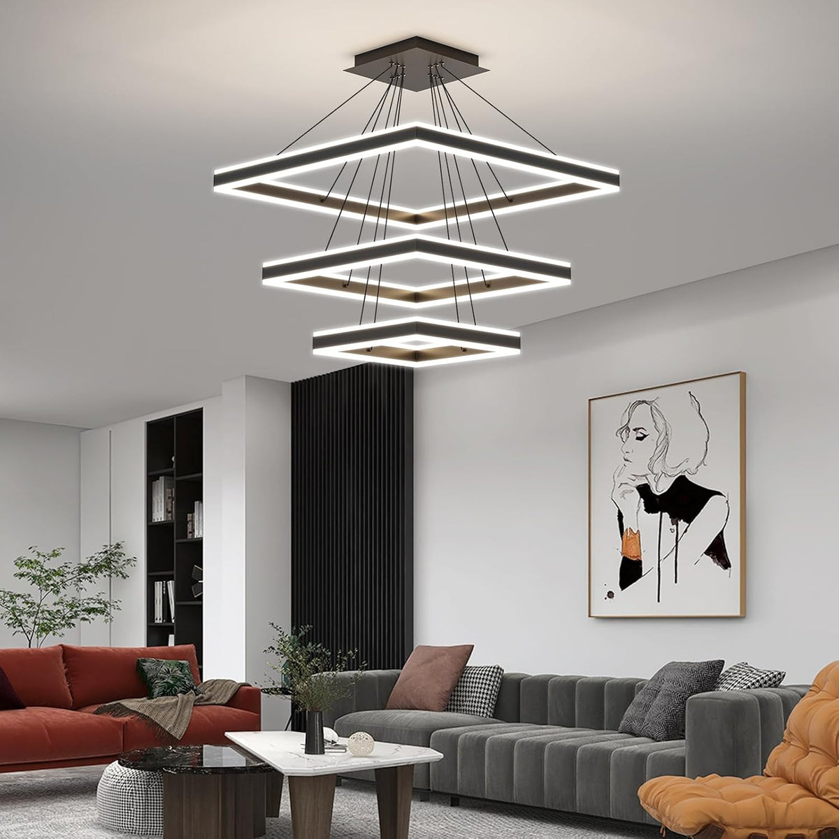LED Pendant Light 3 Tier Square Black Dimmable Adjustable Chandelier Modern