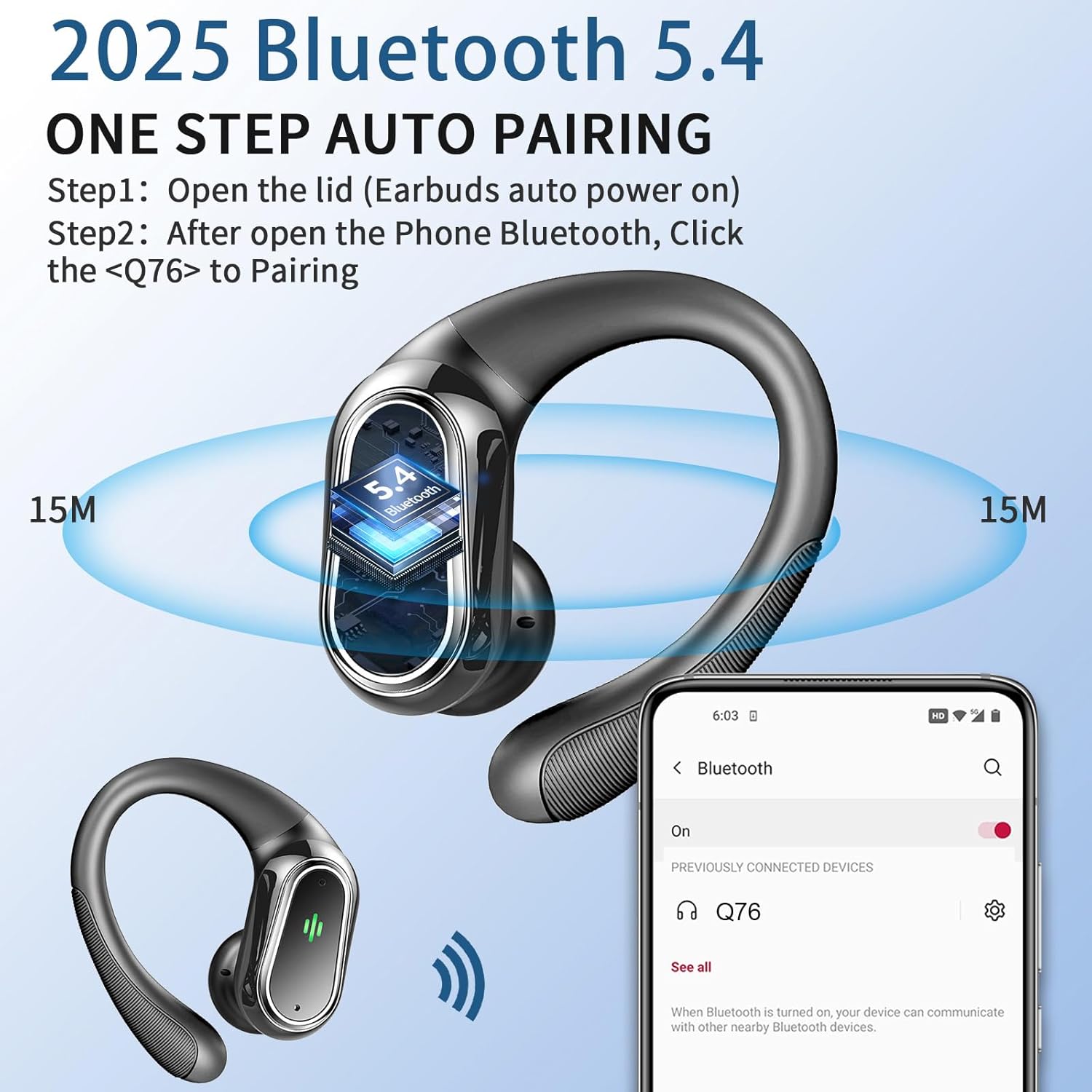 Wireless earbuds with Bluetooth 5.4 pairing instructions and smartphone app interface on a light blue background.