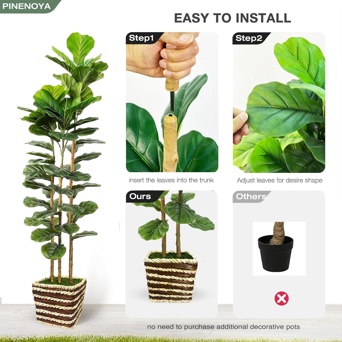 Artificial Fiddle Leaf Fig Tree 150cm Faux Plant Real Wood Trunk Woven Basket