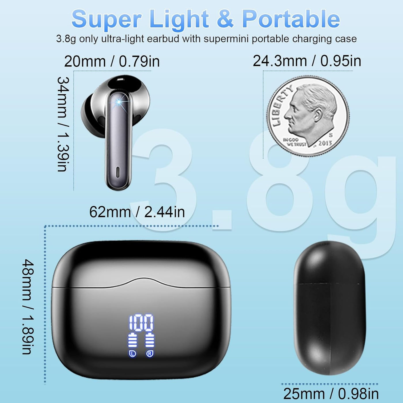 Wearable technology product with charging case, dimensions, and weight displayed on a light blue background.