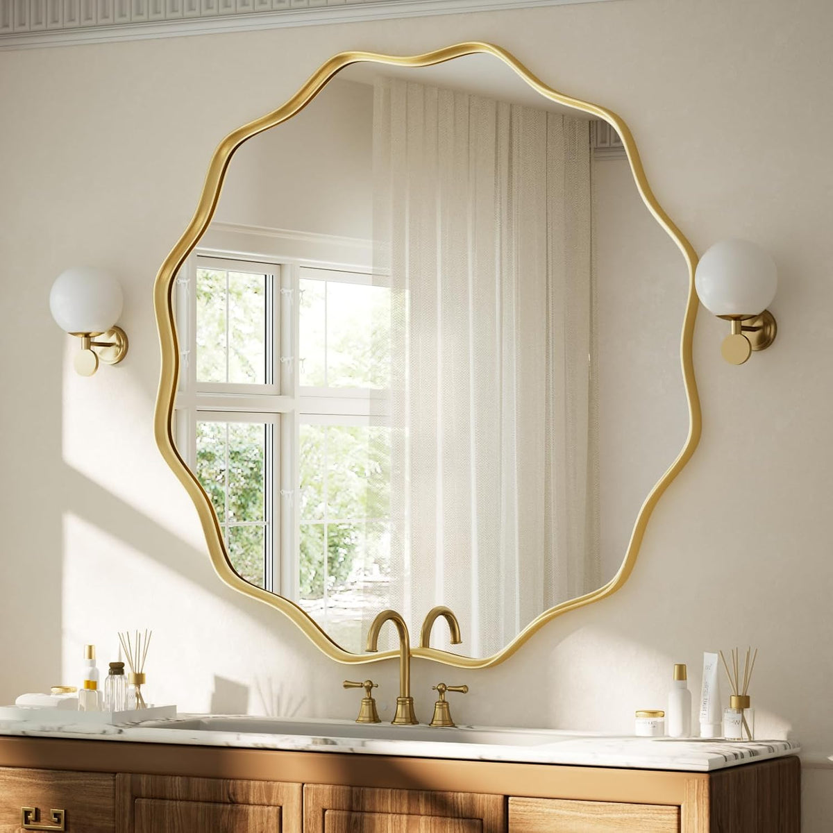 Round Wall Mirror 90cm Gold Wavy Frame Decorative Modern Home Decor Koonmi Mirror