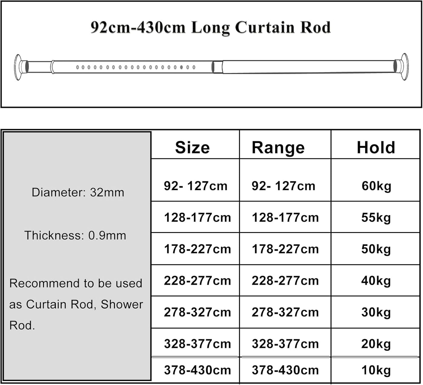 Tension Curtain Rod 278-327cm No Drill Extendable 32mm Heavy Duty Curtain Pole