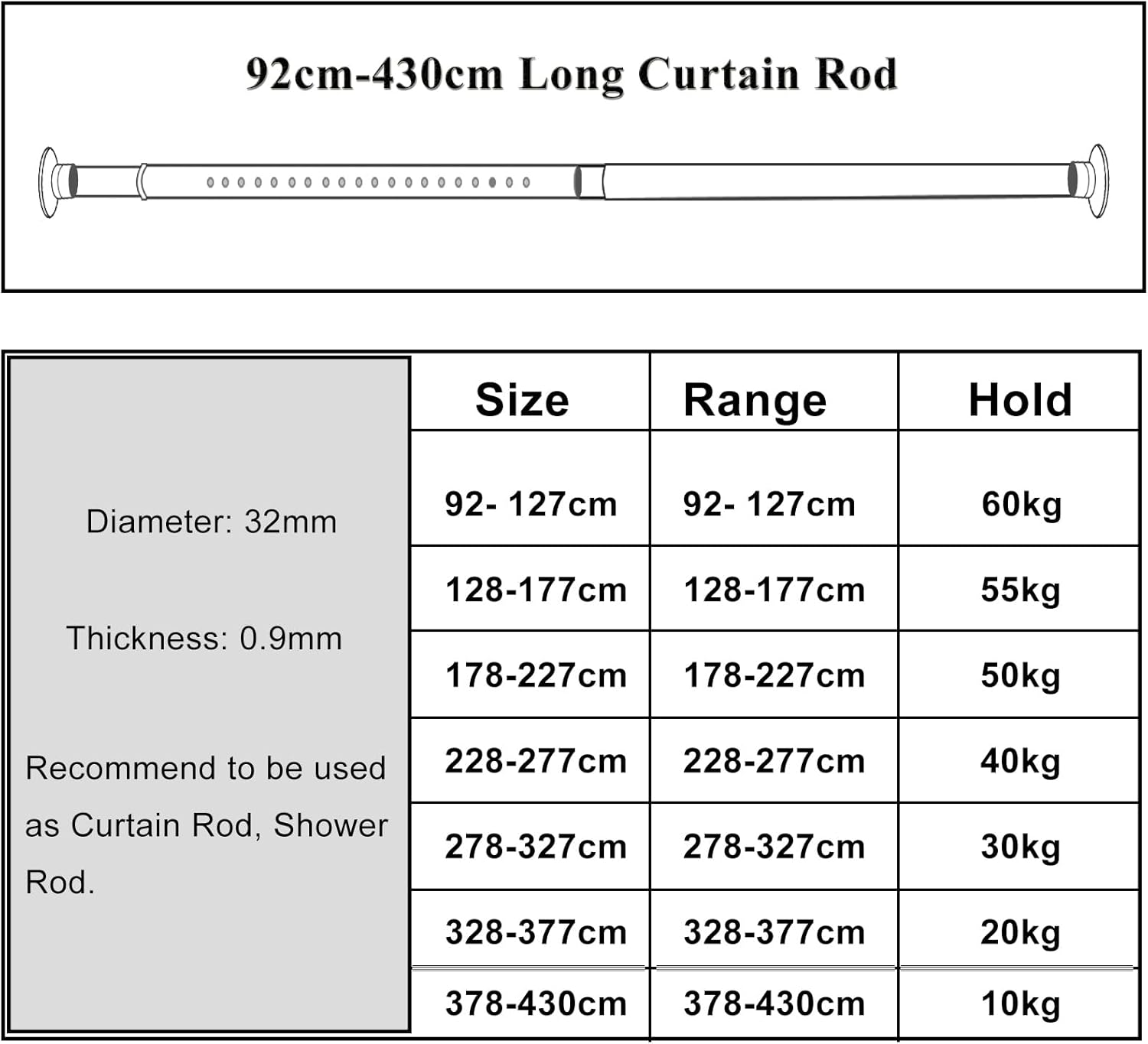Tension Curtain Rod 278-327cm No Drill Extendable 32mm Heavy Duty Curtain Pole