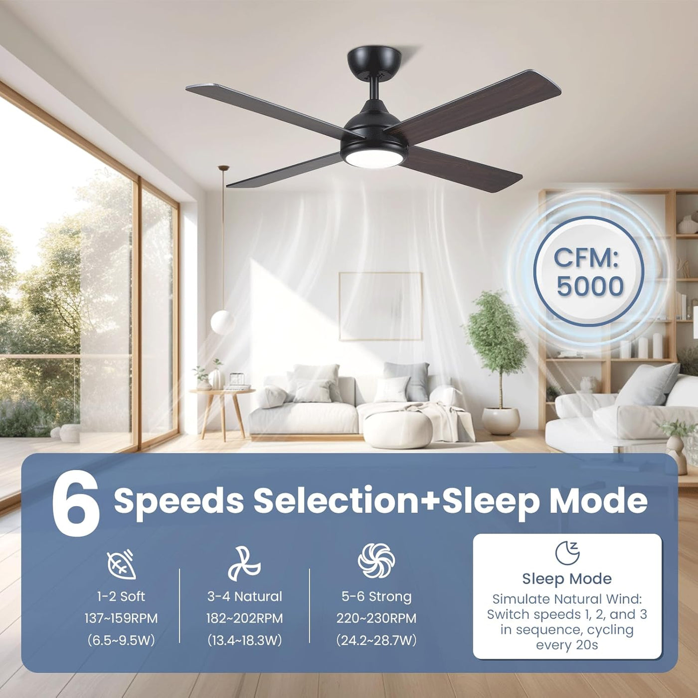 Ceiling Fan With Lights 48 Inch Remote Quiet Reversible Black CJOY