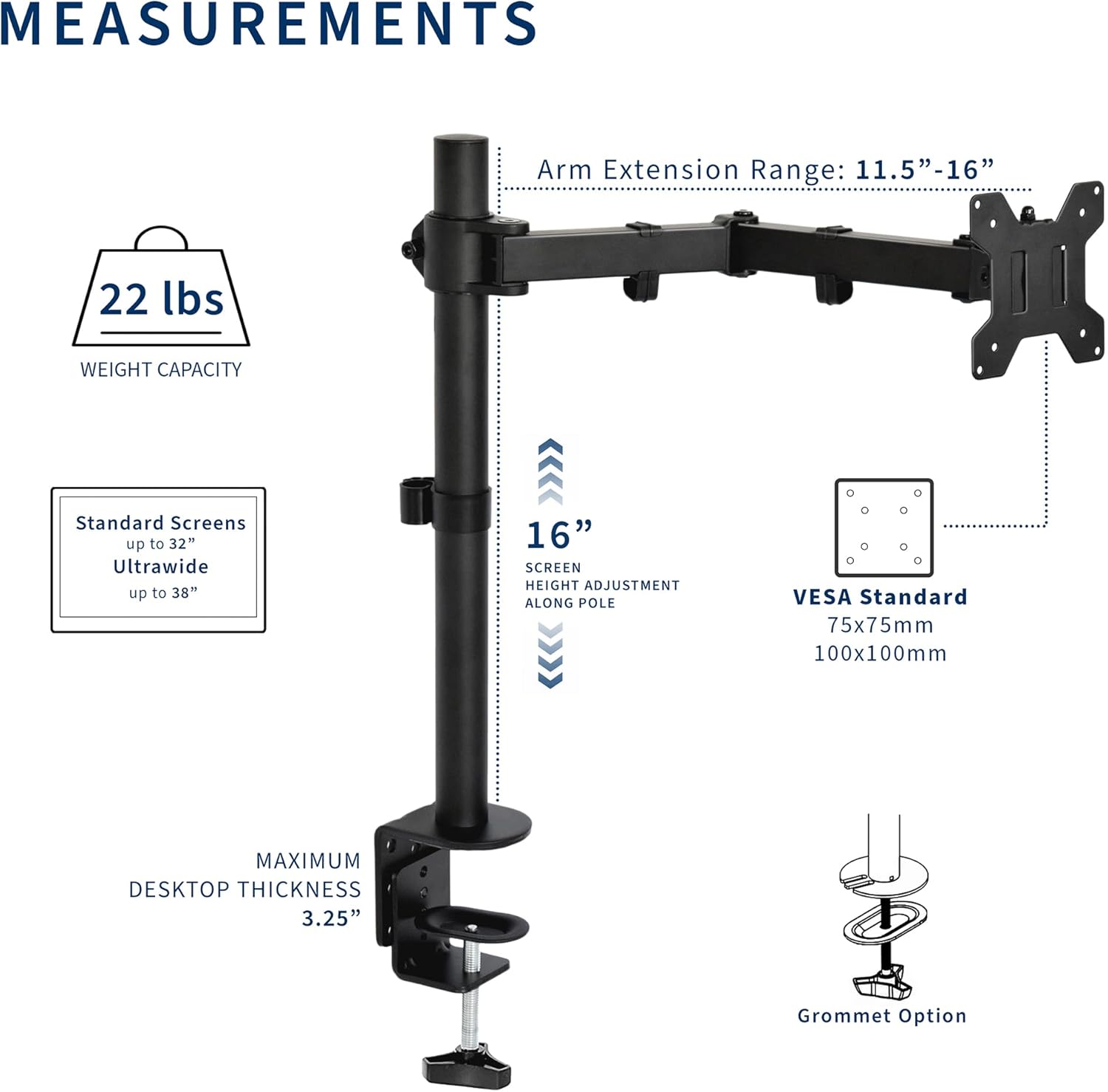 Single Monitor Arm 32 Inch 38 Ultrawide Adjustable VESA VIVO