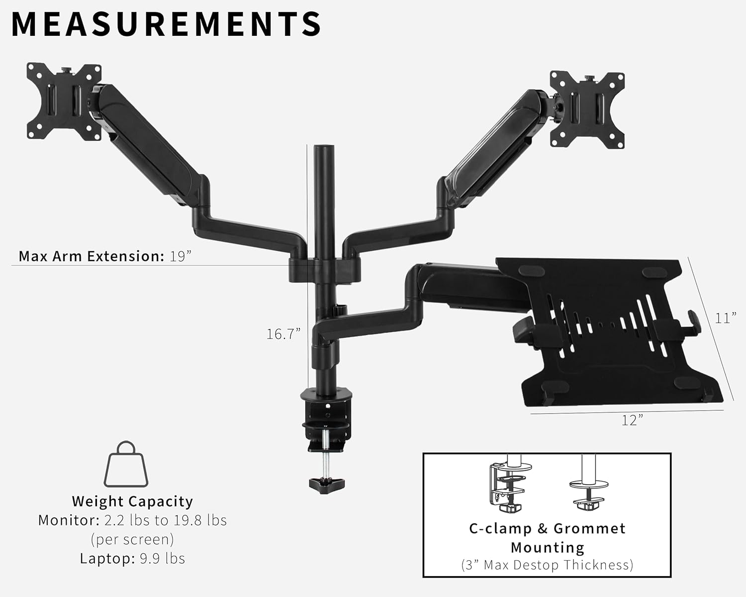 Laptop Dual Monitor Mount 17-32 Inch Pneumatic Arm VIVO STAND-V003KL Black