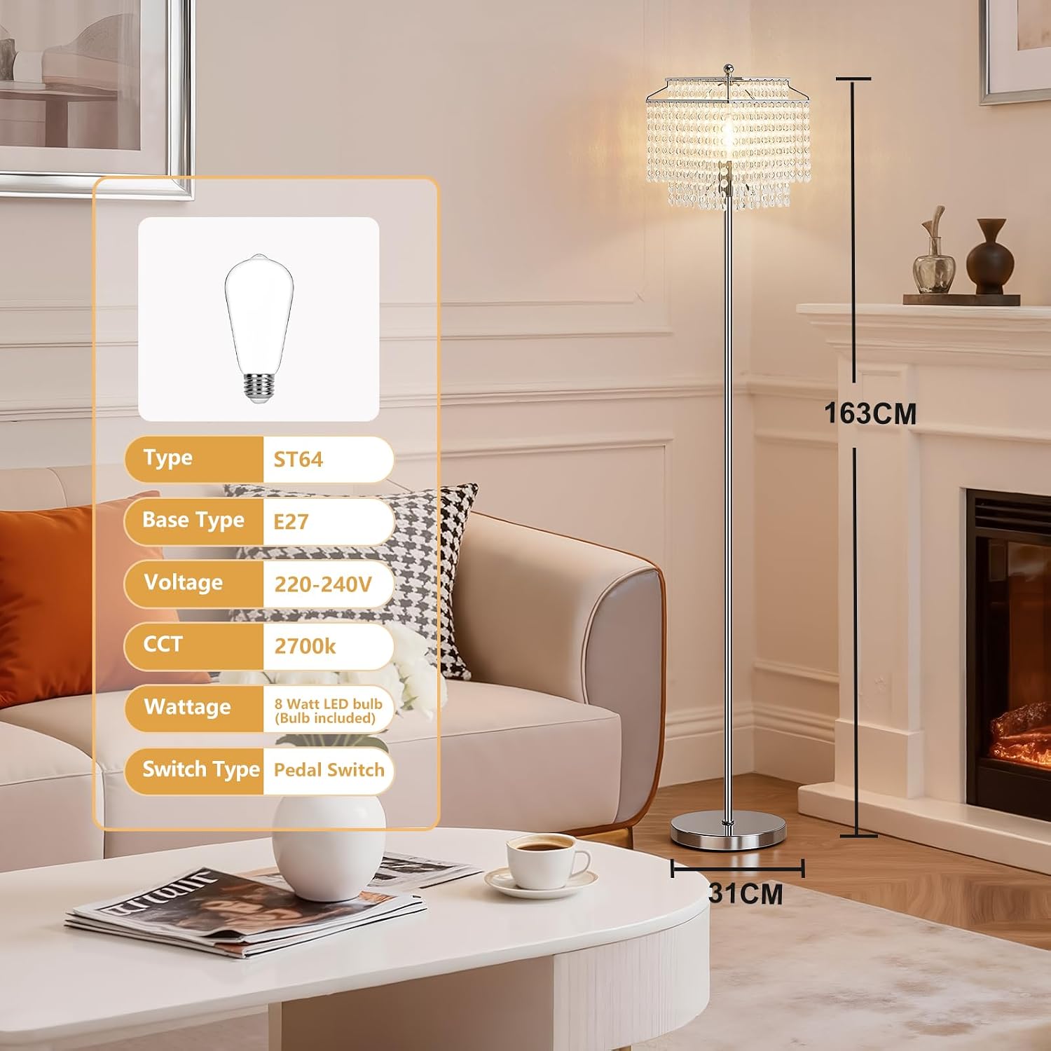 Crystal Floor Lamp Modern Standing Light Foot Switch Energy Class A+++ Home Decor
