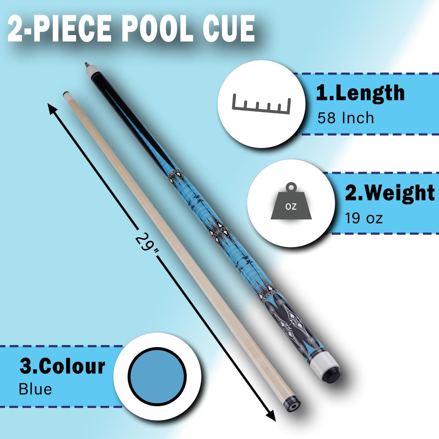 2-piece pool cue with measurements on a light blue background