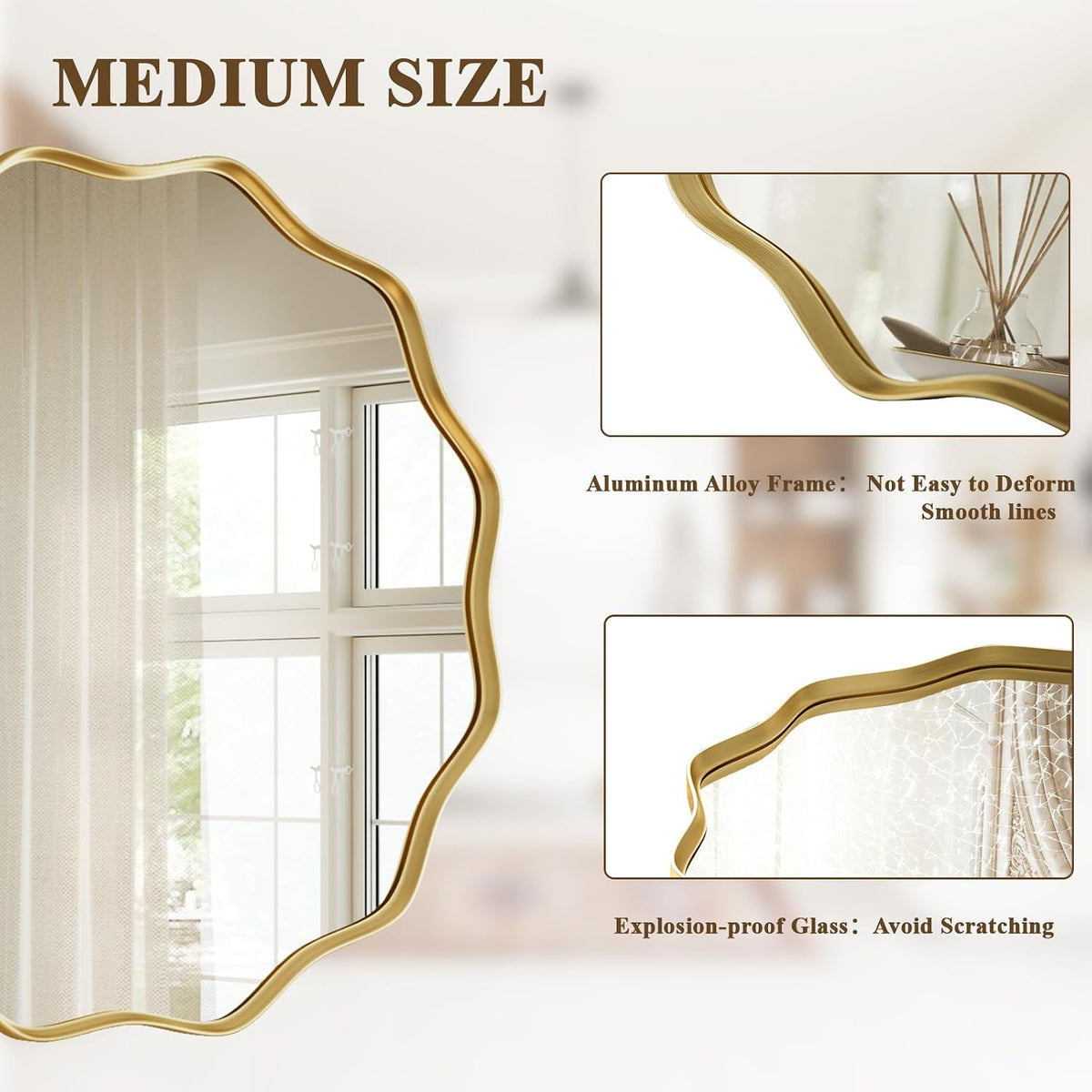 Round Wall Mirror 90cm Gold Wavy Frame Decorative Modern Home Decor Koonmi Mirror