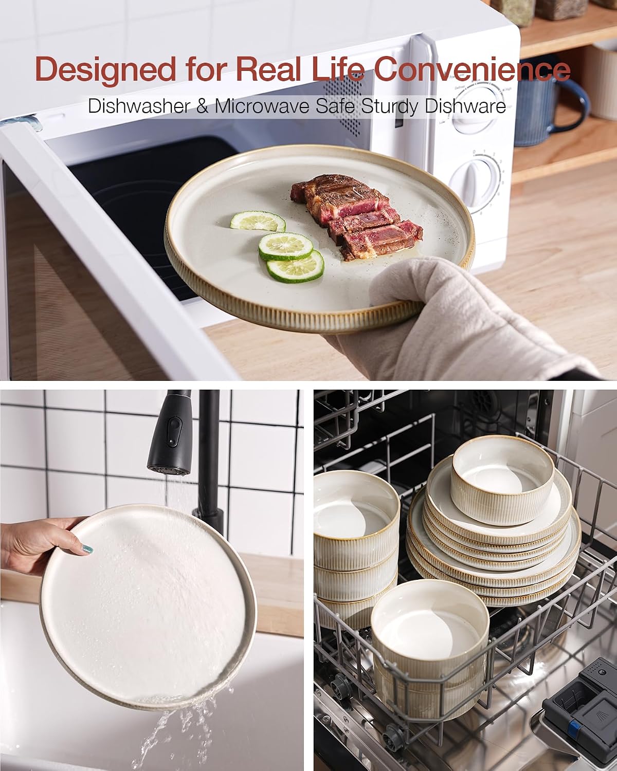 Stoneware Dinner Set 18 Piece Plates Bowls for 6 Cappuccino White Richmount Table
