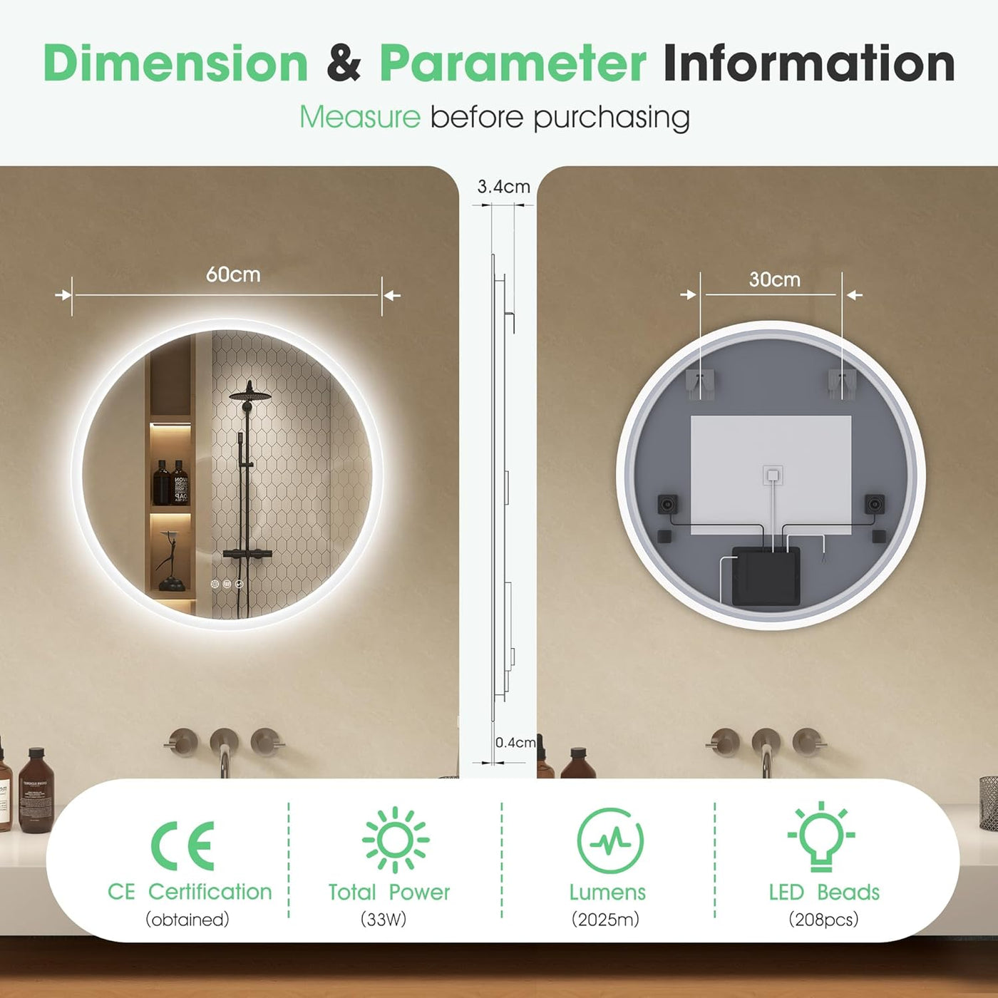Bathroom mirror with dimensions and parameter information displayed.