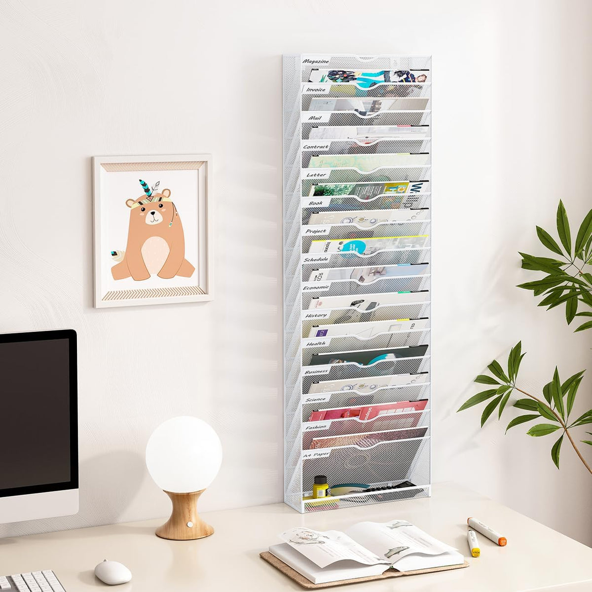 Wall Magazine File Organizer 16 Tier A4 Document Holder White Office Storage Rack