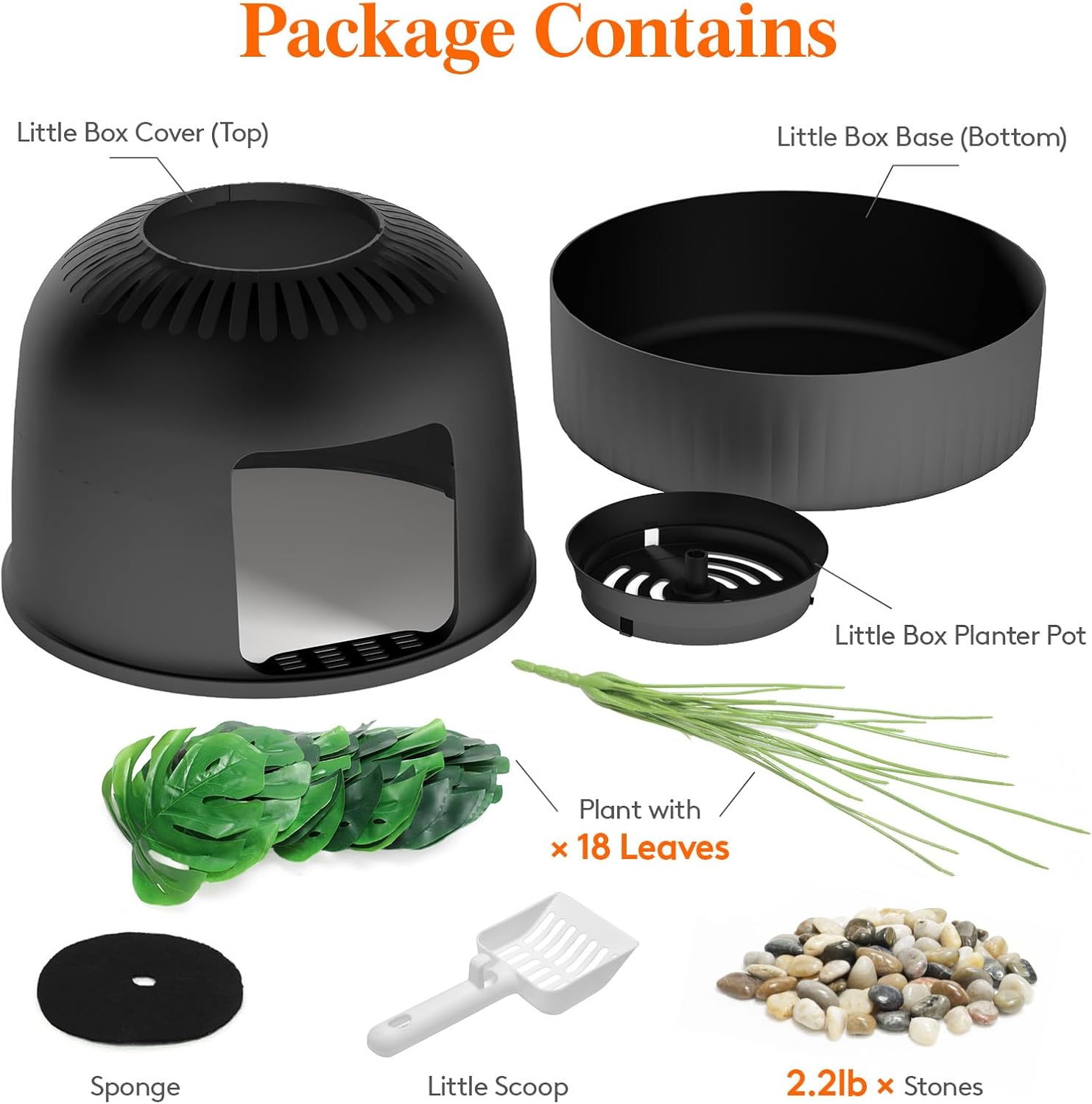 Product package contents with labeled items including a black box, plant, stones, and tools.