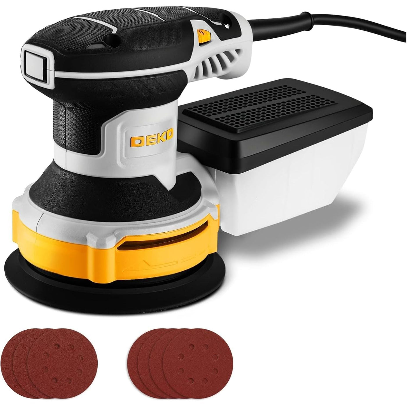 DEKO orbital sander with a black, white, and yellow body, shown with its dust collection container and multiple red sanding discs on a white background.