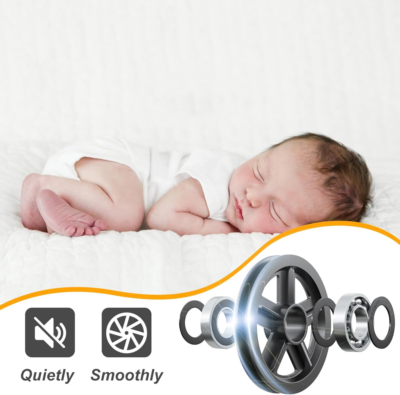 Baby sleeping peacefully with mechanical components and icons indicating 'Quietly' and 'Smoothly'.