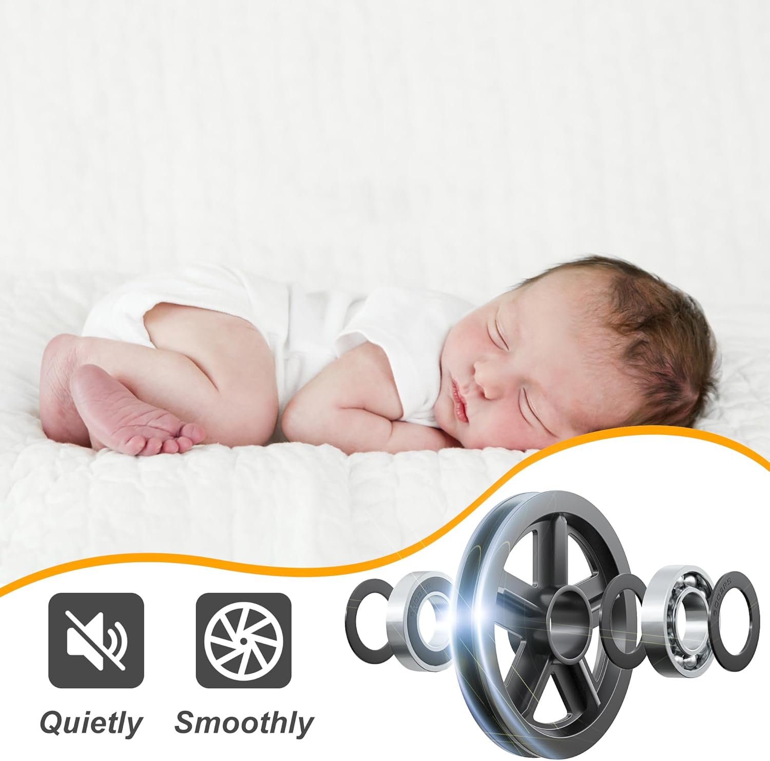 Baby sleeping peacefully with mechanical components and icons indicating 'Quietly' and 'Smoothly'.