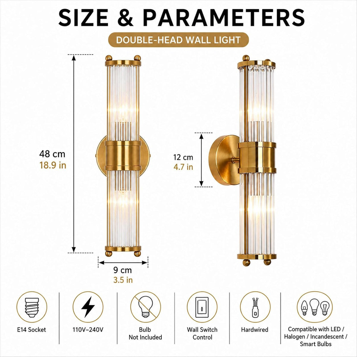 Crystal Glass Wall Light 48cm Brass Alloy 2 Light E14 Modern Wall Sconce Indoor