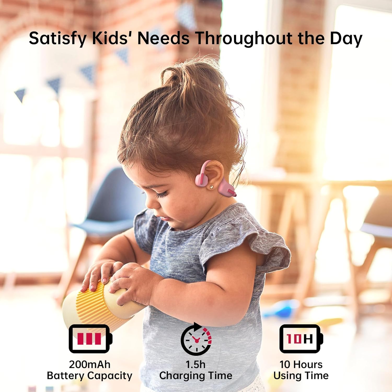 Child playing with a toy, with text and icons about battery capacity, charging time, and usage time.