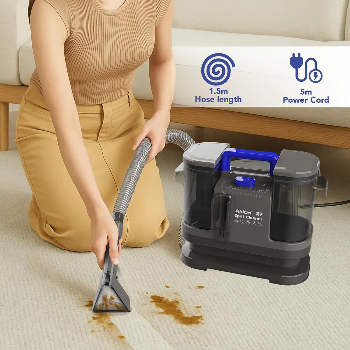 Portable Carpet Cleaner 600W Spot Upholstery Pet Stain Dual Tank Akitas X7