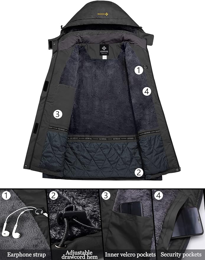 Black jacket with features labeled, including earphone strap, adjustable drawcord hem, inner velcro pockets, and security pockets.