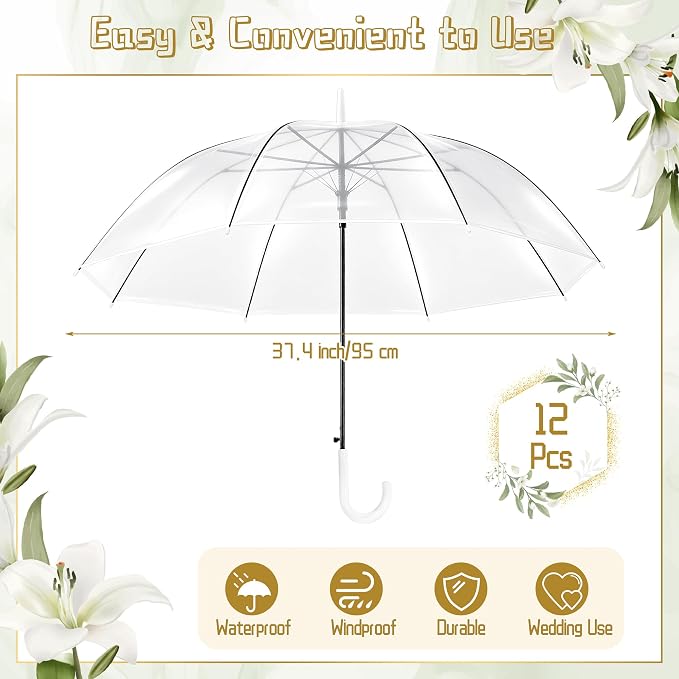 Clear Umbrella 37.4 Inch Transparent Dome Wedding Rain Parasol White Aodaer