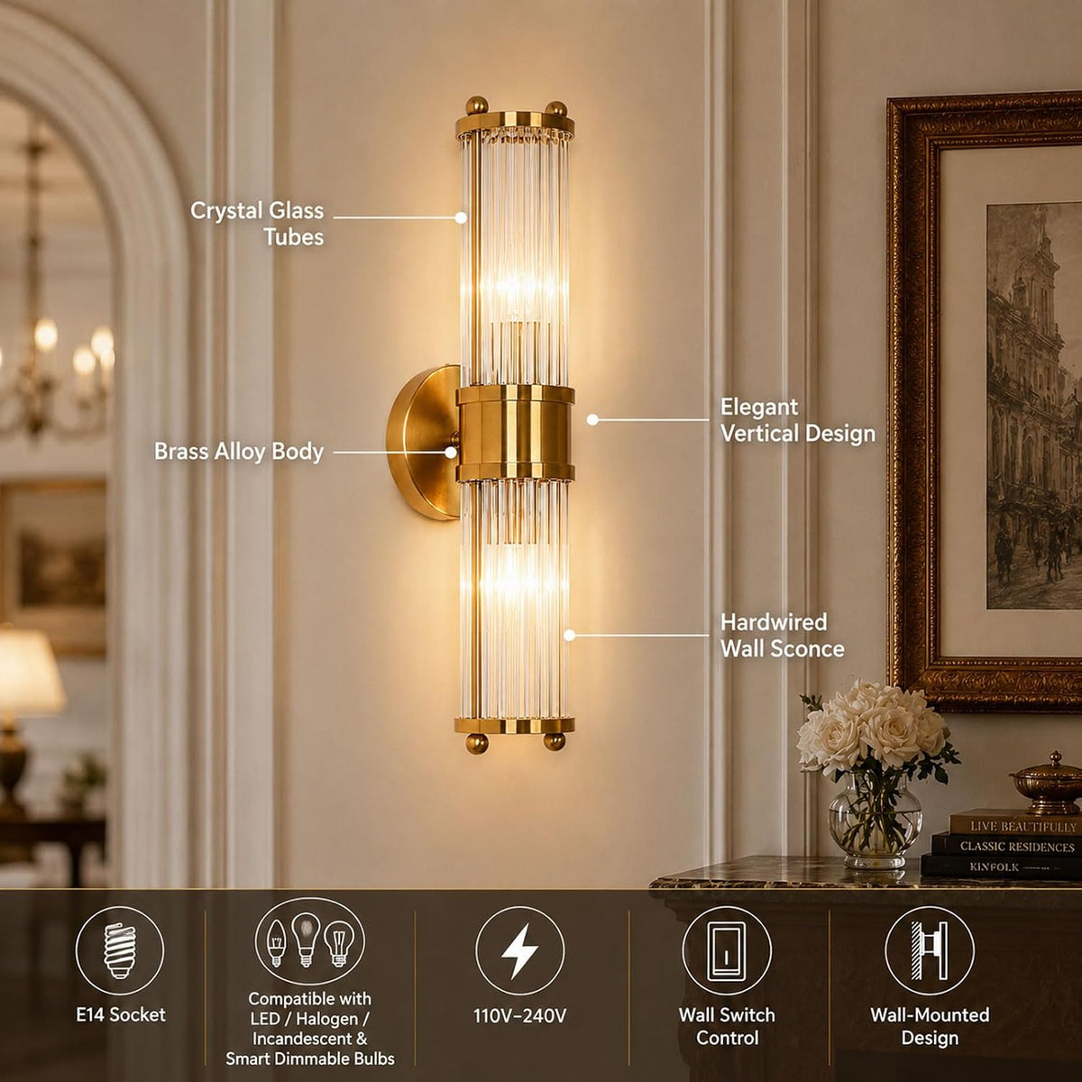 Crystal Glass Wall Light 48cm Brass Alloy 2 Light E14 Modern Wall Sconce Indoor
