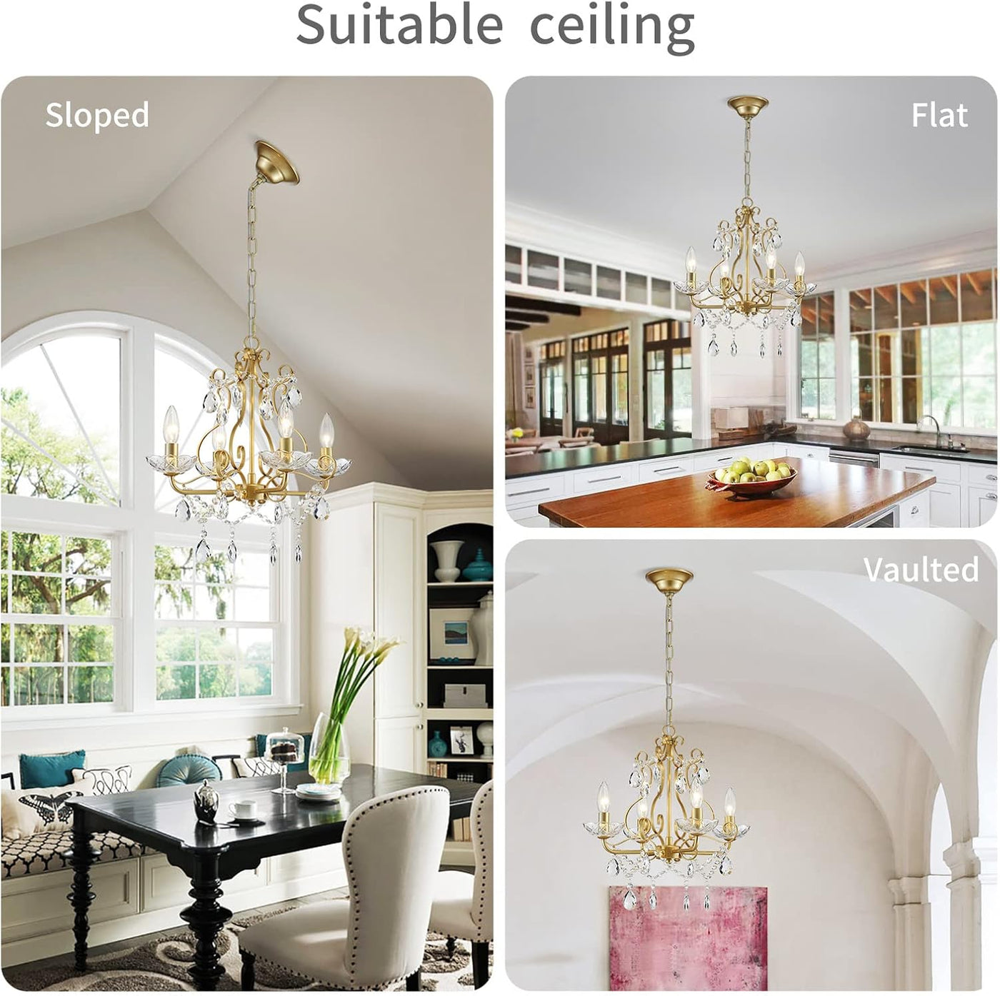 WUZUPS Gold Crystal Candle Chandelier Flush Mount Ceiling Light E14, H36 x W41cm