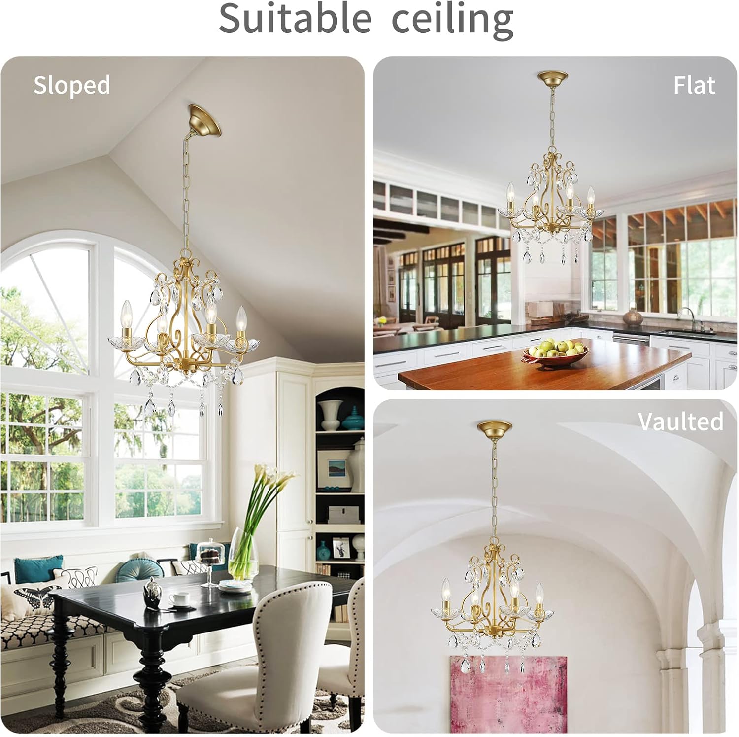 WUZUPS Gold Crystal Candle Chandelier Flush Mount Ceiling Light E14, H36 x W41cm